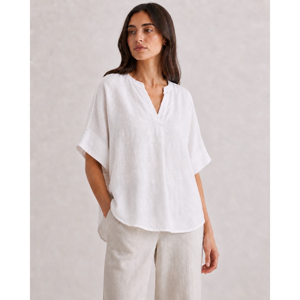 Marks & Spencer M&S Pure Linen V-Neck Popover Top White US Size 10 Lagonlook - Picture 1 of 11